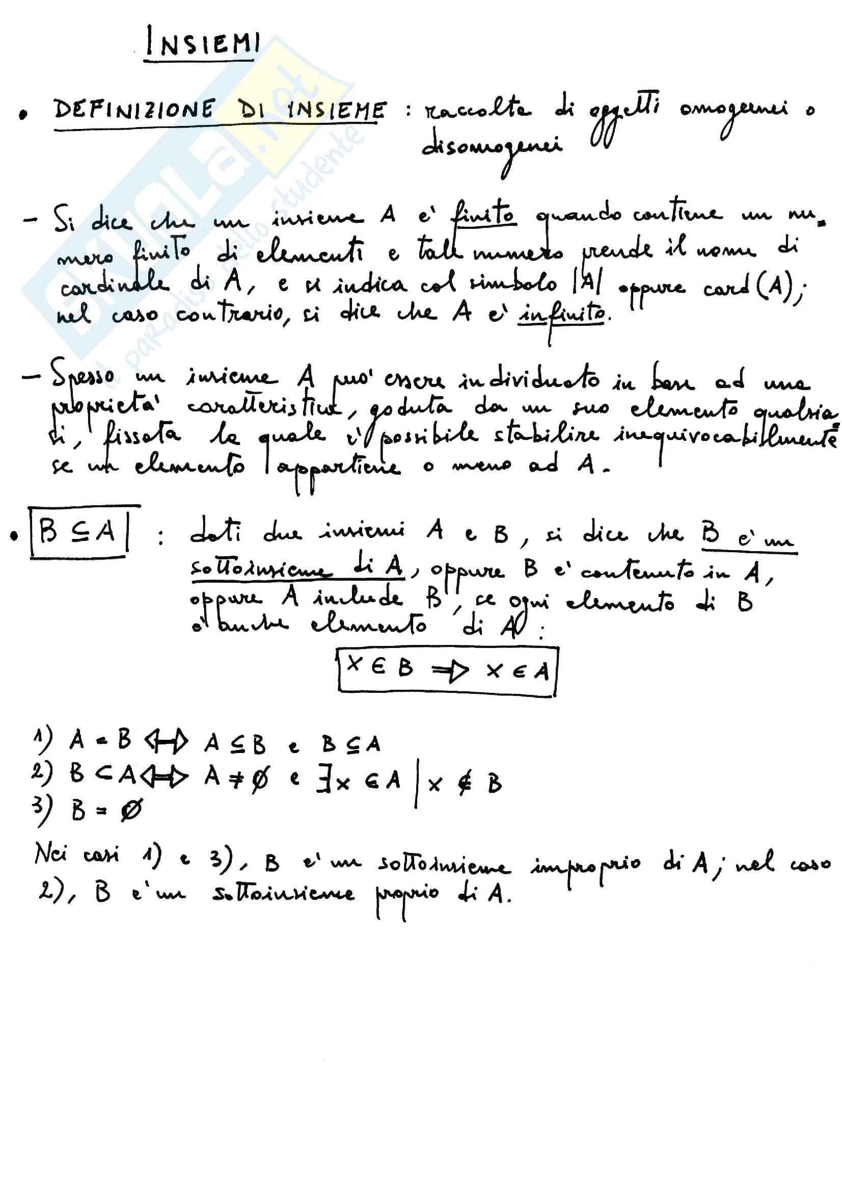 Appunti di insiemistica universitari scritti a mano